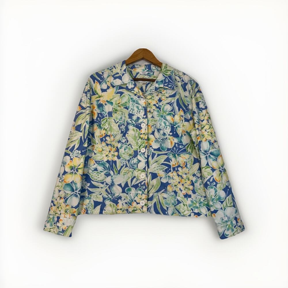 Vtg Talbots Floral Button-Up Denim‎ Jacket Tropical Casual Garden Size Large